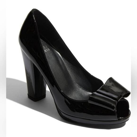 Stuart Weitzman Shoes - STUART WEITZMAN Black Patent Leather Peep Toe Bow Accent Block Heel Pumps 7.5